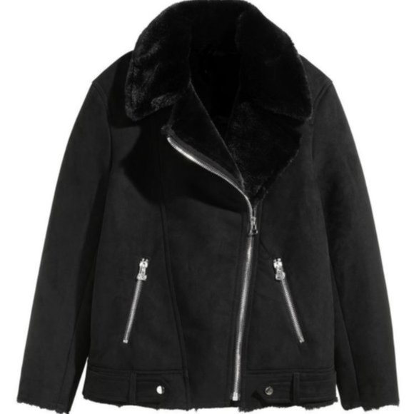 Suede Biker Jacket With Faux Fur Lining 